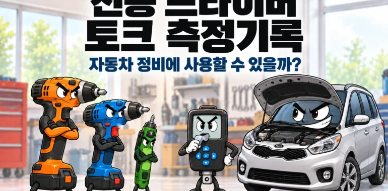 팔짱을 낀 전동 드라이버 3형제와 자신만만한 더 뉴 카렌스, 호루라기를 든 토크 컨버터 심판으로 토크 측정 실험을 표현했다. 상단에 ‘전동 드라이버 토크 측정기록’과 ‘자동차 정비에 사용할 수 있을까?’ 문구를 배치한 가로형 섬네일이다.