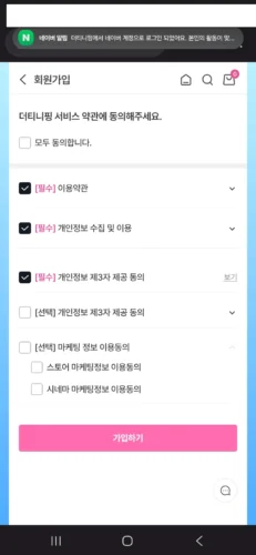 필수 이용약관과 개인정보 관련 동의 항목, 선택 마케팅 동의 항목이 표시된 더티니핑 회원가입 화면