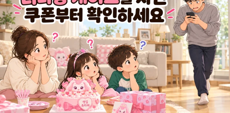 생일상에서 기다리는 엄마와 두 아이, 핸드폰을 보며 다가오는 아빠 위로 ‘티니핑 케이크를 사면 쿠폰부터 확인하세요’라는 제목이 배치된 가로형 일러스트