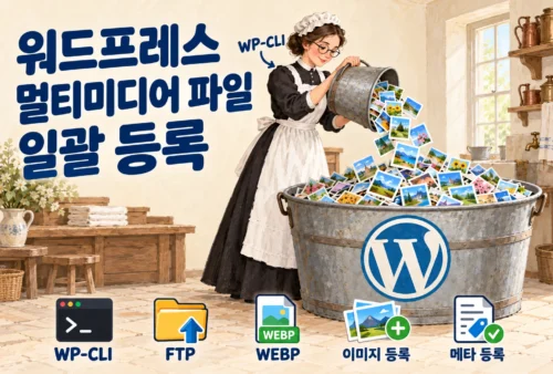 안경을 쓴 빅토리아 시대 메이드가 사진이 가득한 양동이를 워드프레스 로고가 그려진 큰 물통에 붓는 모습으로 표현한 WP-CLI 이미지 일괄 등록