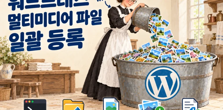 안경을 쓴 빅토리아 시대 메이드가 사진이 가득한 양동이를 워드프레스 로고가 그려진 큰 물통에 붓는 모습으로 표현한 WP-CLI 이미지 일괄 등록