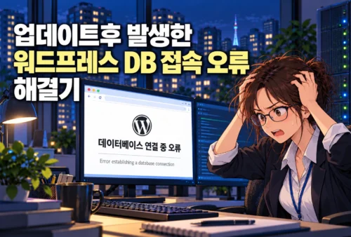 ‘업데이트후 발생한 워드프레스 DB 접속 오류 해결기’ 제목과 DB 연결 오류 화면 앞에서 머리를 움켜쥔 엔지니어의 가로형 일러스트