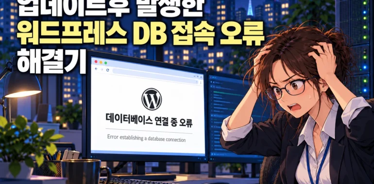 ‘업데이트후 발생한 워드프레스 DB 접속 오류 해결기’ 제목과 DB 연결 오류 화면 앞에서 머리를 움켜쥔 엔지니어의 가로형 일러스트