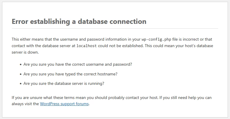 MariaDB 서비스 시작 실패로 워드프레스에 Error establishing a database connection 오류가 표시된 화면